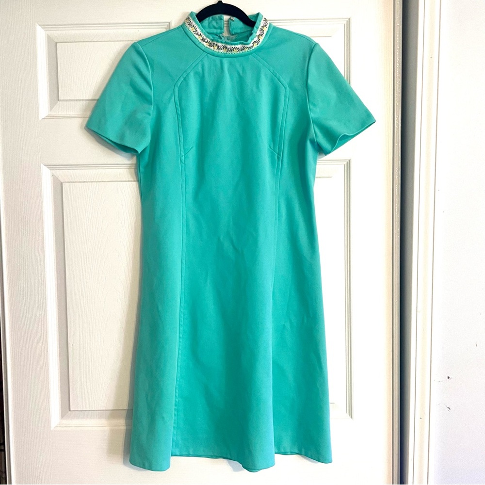 Vintage 60’s Era Turquoise High Neck Mini Dress detail with floral pattern